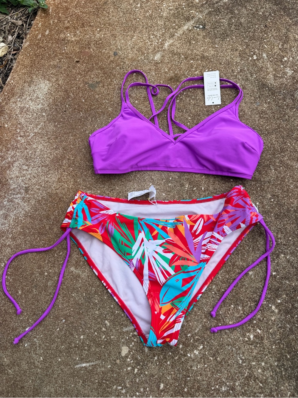 CUPSHE Women’s Purple Bikini Top with Tropical Print Bottom Top XL/LG Bottoms.